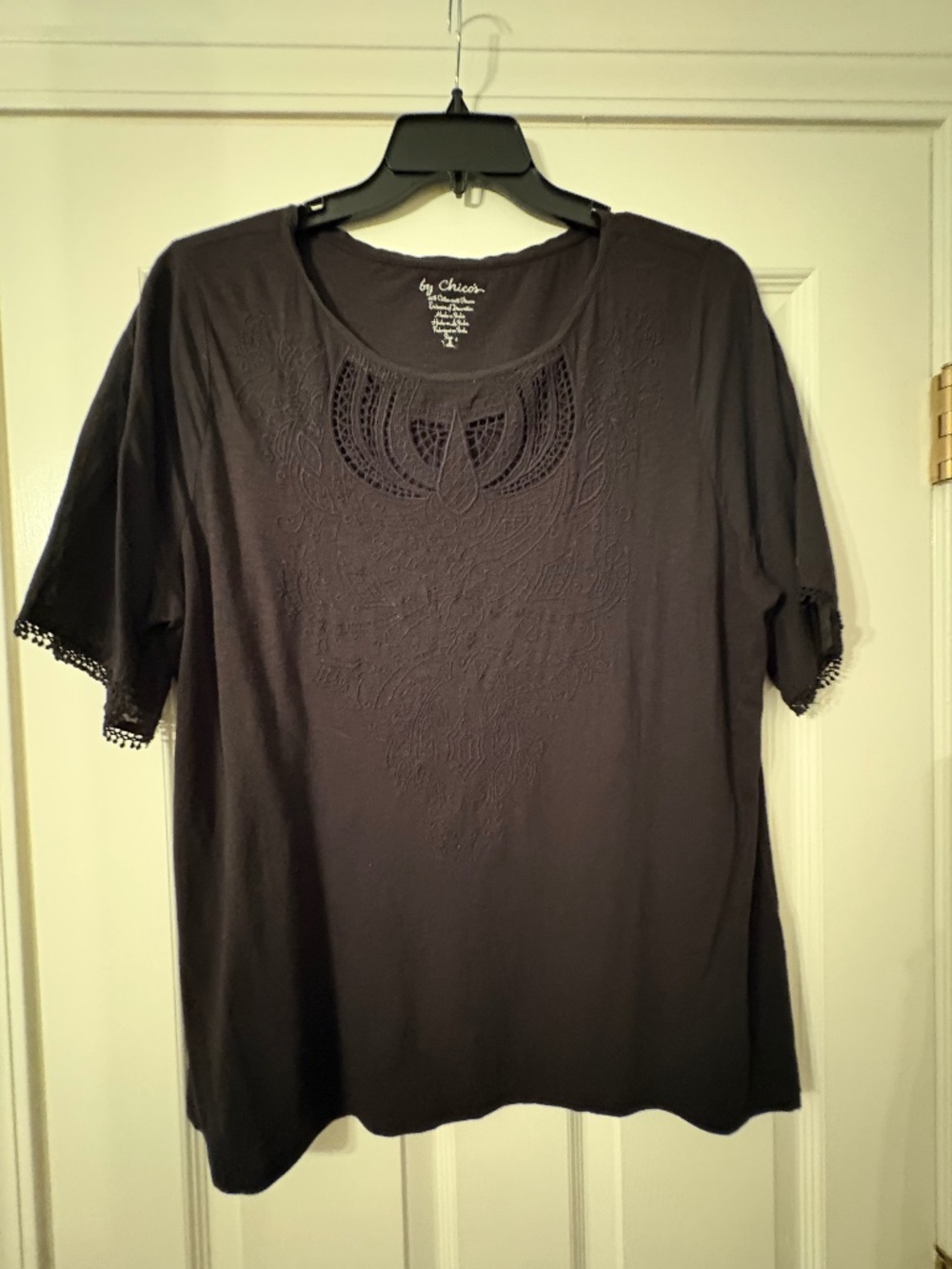 Chico's black T-shirt, size 3 Chico's sizing, Lace
